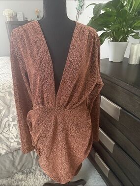 Rust Metallic Plunge Long Sleeve Mini Dress